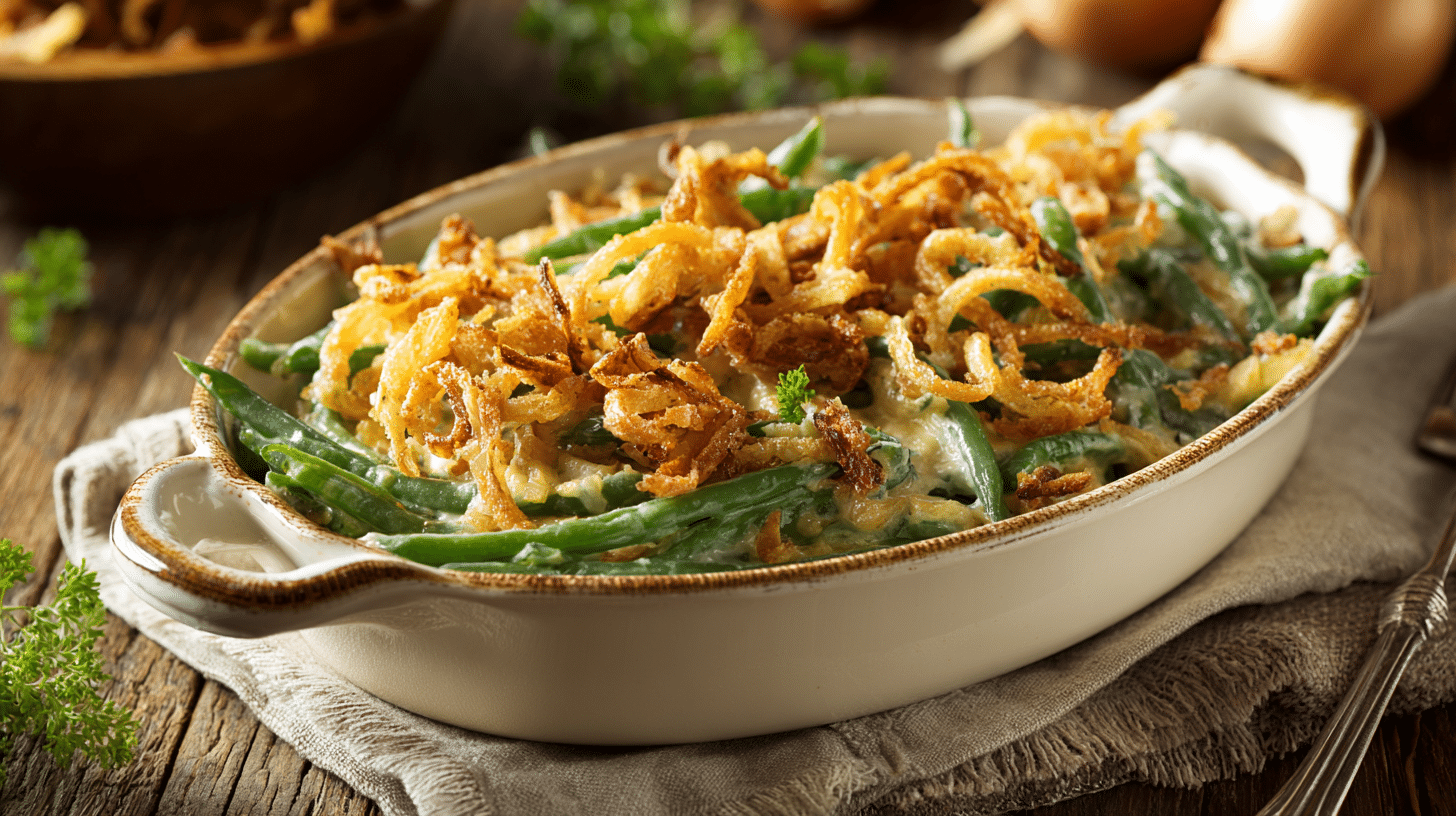 Green bean casserole baked with crispy onion topping in a ceramic dish