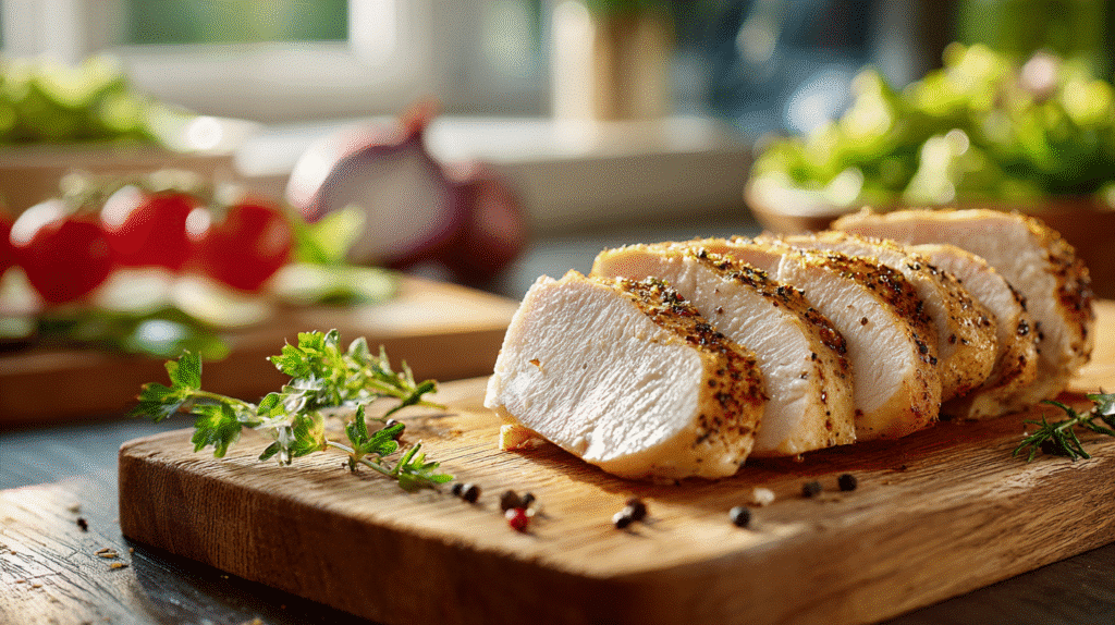 Chicken being sliced on a cutting board in a home kitchen.