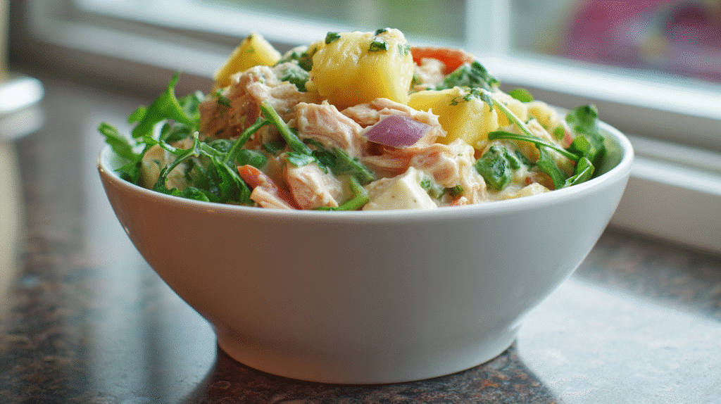 Bowl of Hawaiian chicken salad ready to eat on a kitchen table.