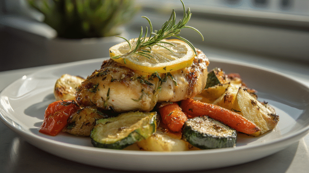 Healthy chicken dinner with roasted vegetables on a white plate.