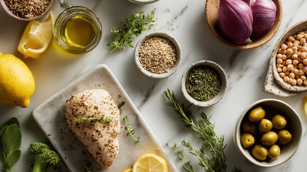 Flat-lay of fresh ingredients used for healthy dinner recipes.