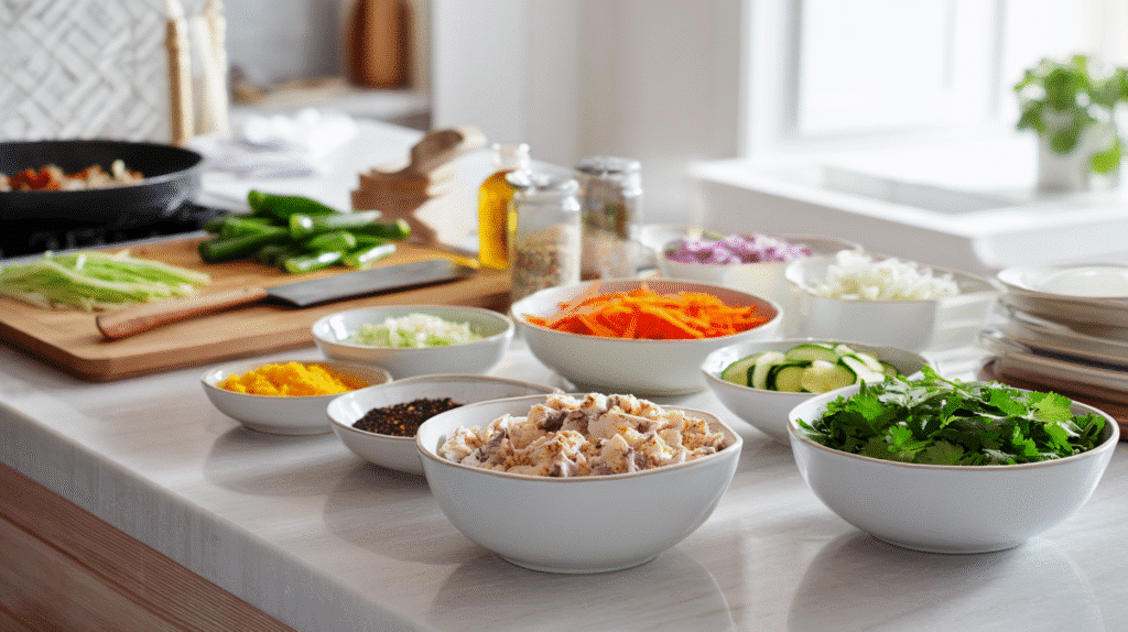 Step-by-step preparation of healthy dinner recipes.