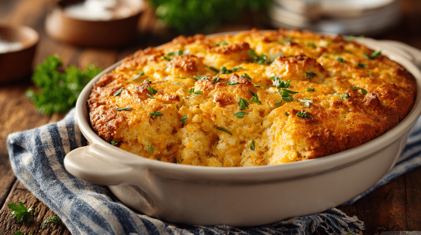 Hearty southern loaded cornbread casserole fresh from the oven