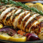 Lemon herb chicken served with roasted vegetables on a white plate in a modern kitchen.