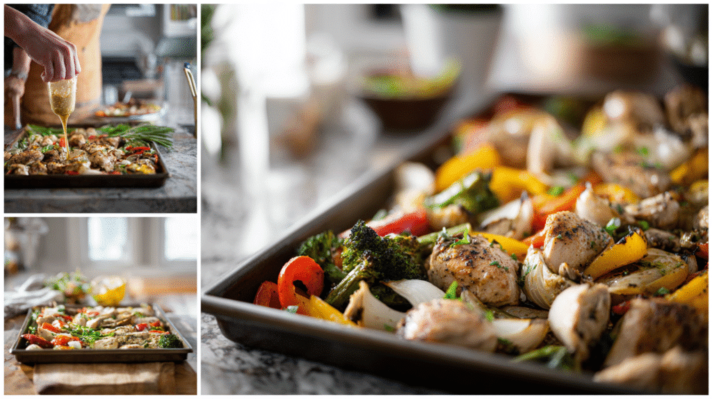 Step-by-step preparation of lemon herb chicken and roasted vegetables on a sheet pan.