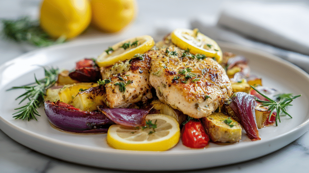 Sliced lemon herb chicken served over roasted vegetables with lemon wedges.
