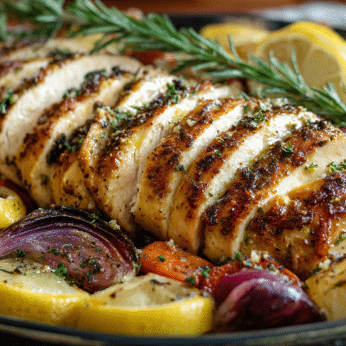 Lemon herb chicken served with roasted vegetables on a white plate in a modern kitchen.