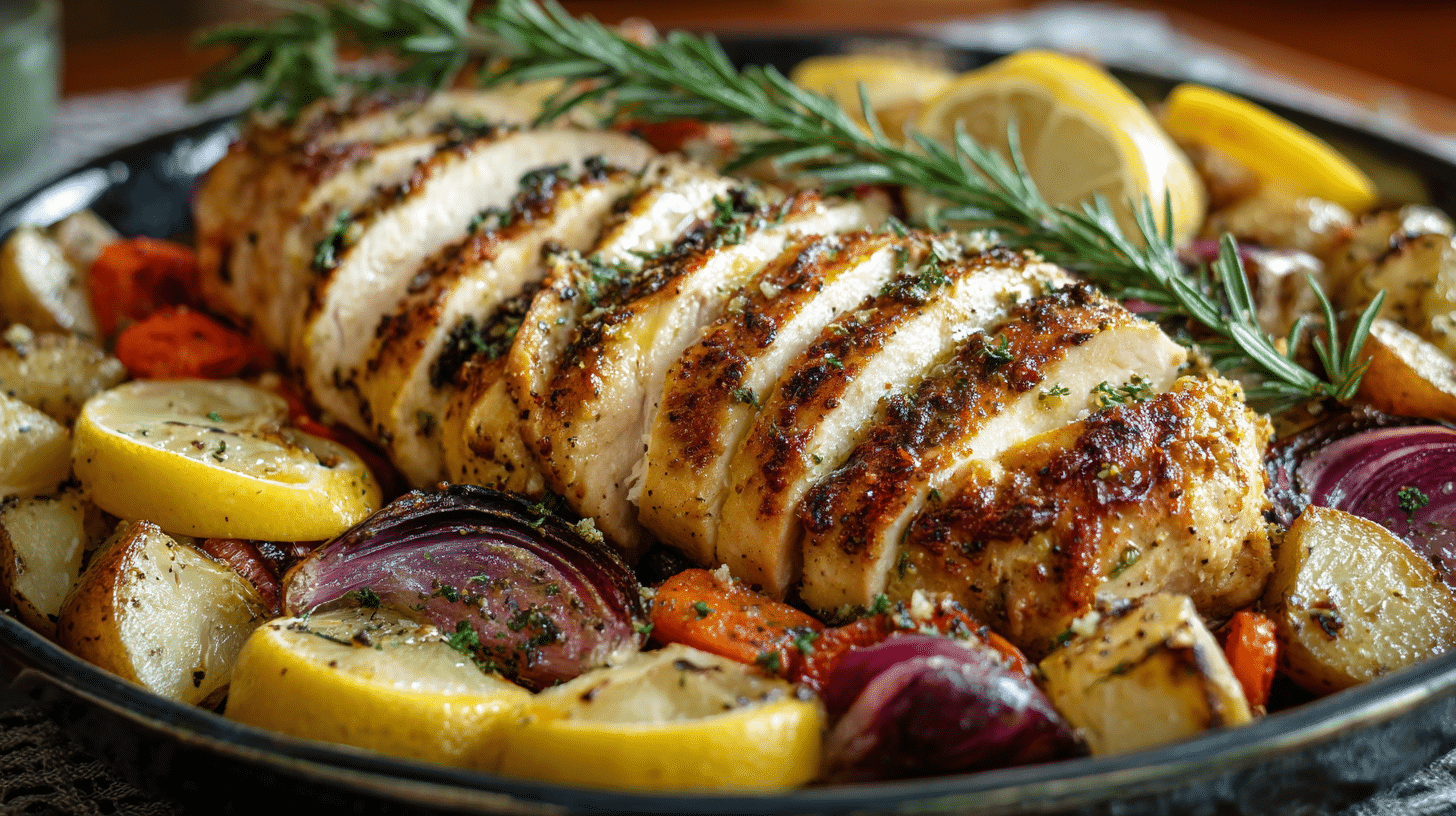Lemon herb chicken served with roasted vegetables on a white plate in a modern kitchen.