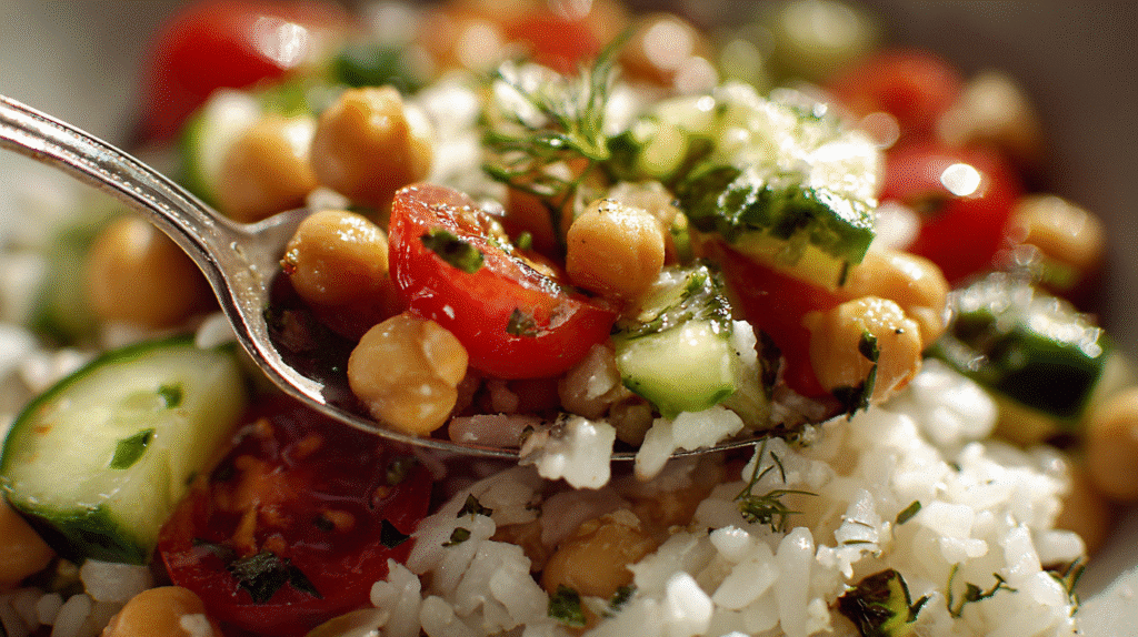 Spoonful of Mediterranean Chickpea Bowl lifted from a dish.