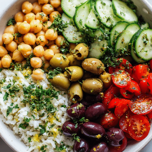Mediterranean Chickpea Bowl arranged in a serving dish.