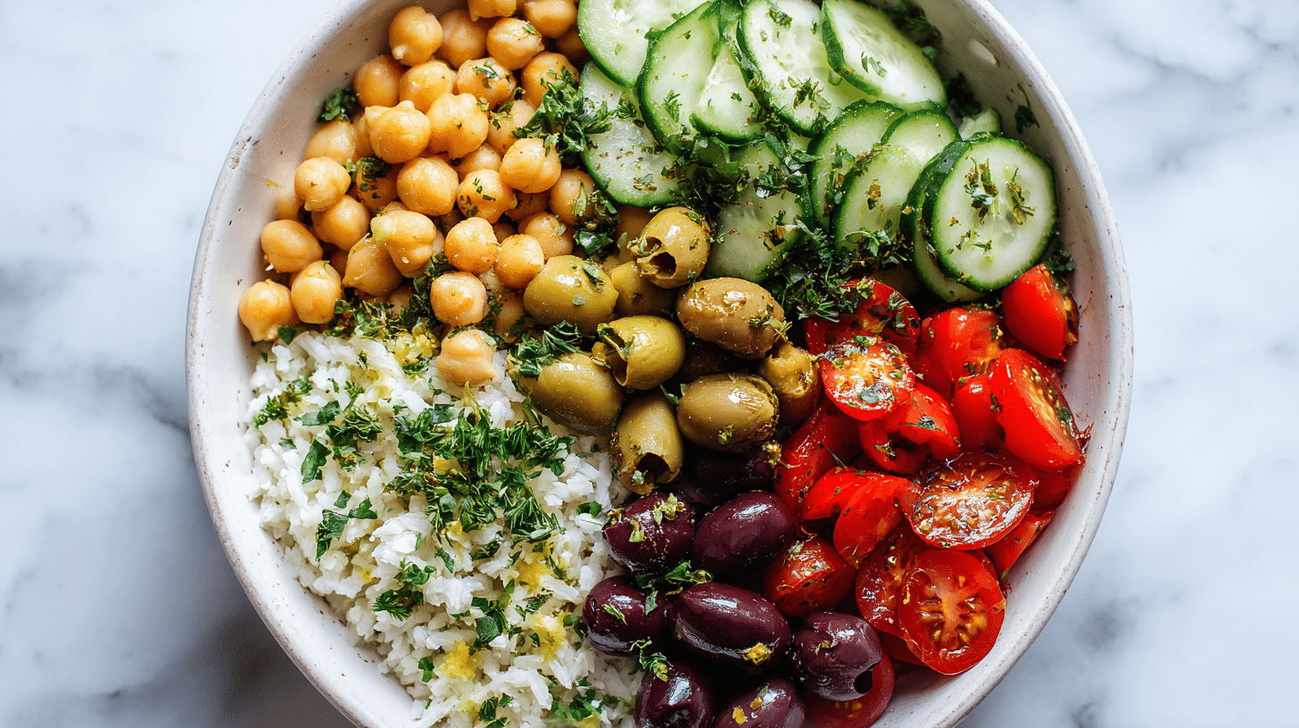 Mediterranean Chickpea Bowl arranged in a serving dish.