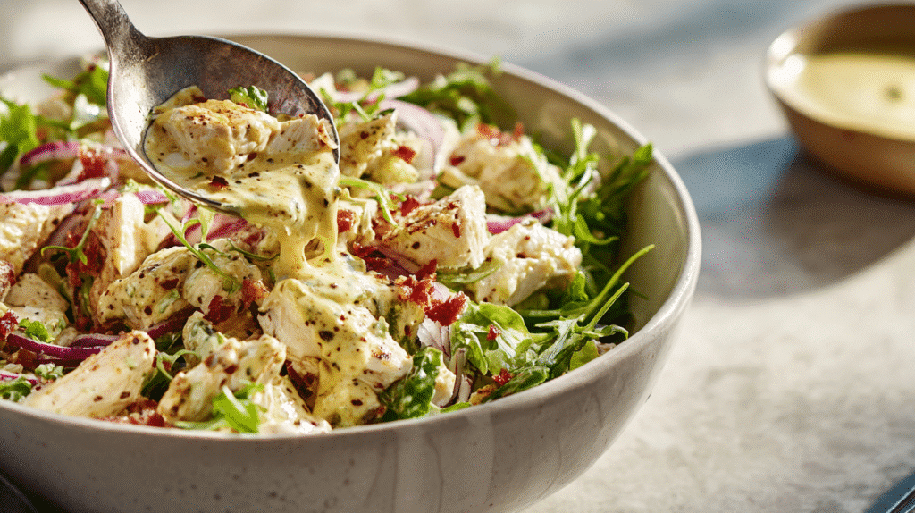 Mixing chicken with dressing to make chicken salad