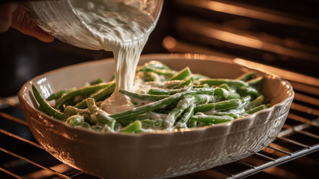 Steps for making green bean casserole from mixing to baking