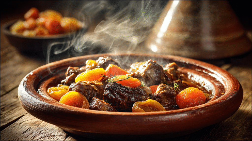 Authentic Moroccan lamb tagine slow cooked with spices, vegetables, and dried fruit