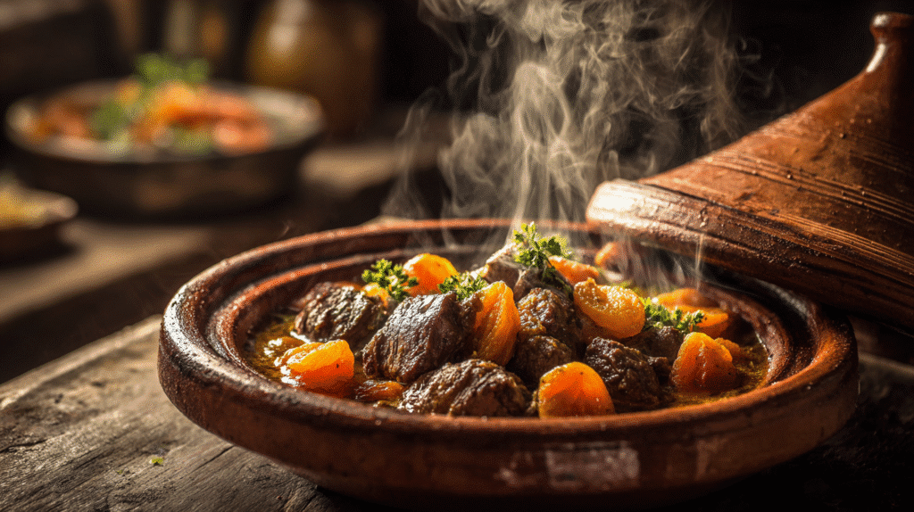 Moroccan lamb tagine served with couscous and fresh herbs