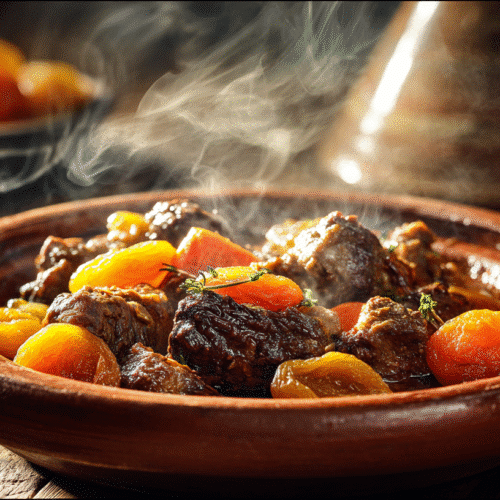 Authentic Moroccan lamb tagine slow cooked with spices, vegetables, and dried fruit