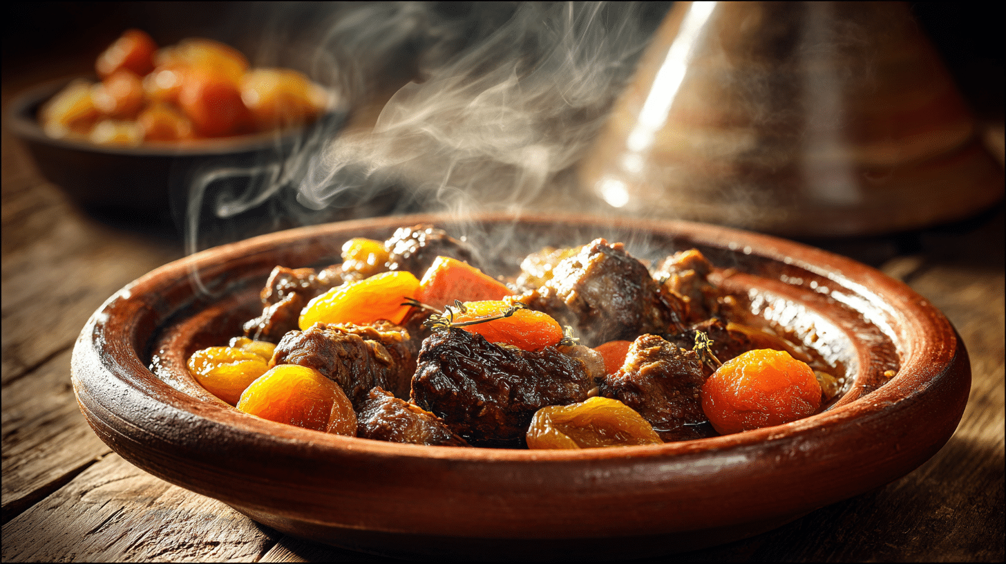 Authentic Moroccan lamb tagine slow cooked with spices, vegetables, and dried fruit