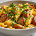 Creamy Cajun sausage pasta served in a modern white bowl.