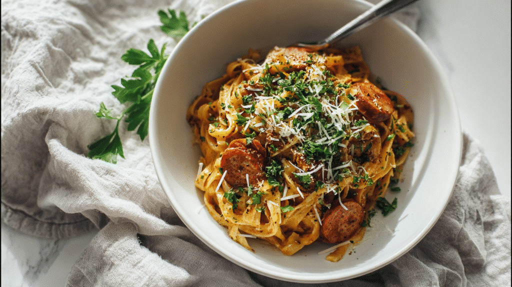 Creamy Cajun pasta served in a white bowl with parsley.