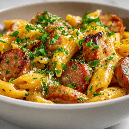 Creamy Cajun sausage pasta served in a modern white bowl.