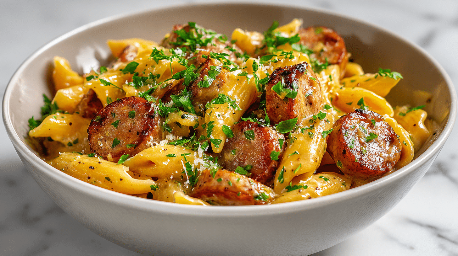Creamy Cajun sausage pasta served in a modern white bowl.
