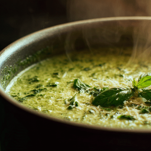 A pot filled with creamy pesto sauce topped with fresh basil.