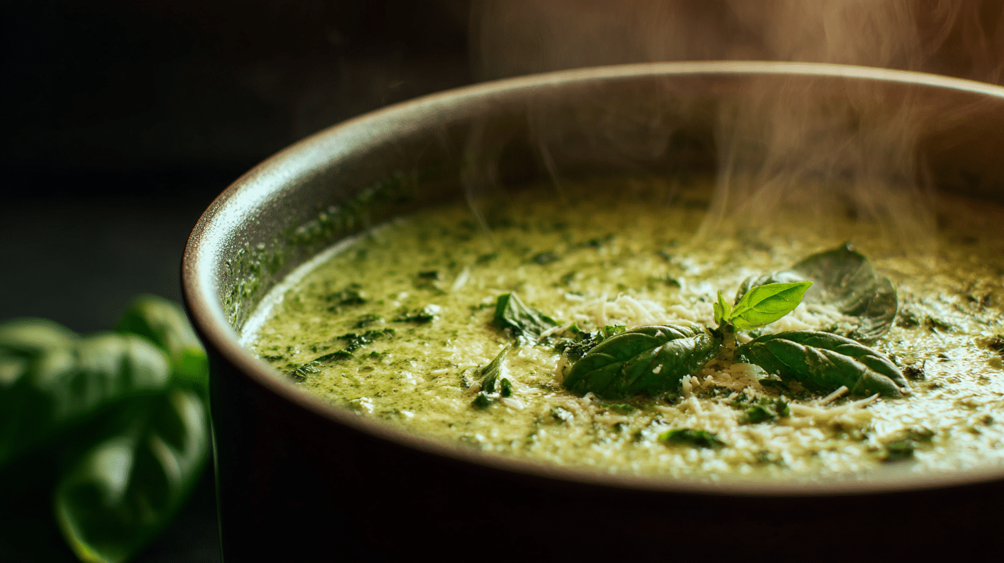 A pot filled with creamy pesto sauce topped with fresh basil.