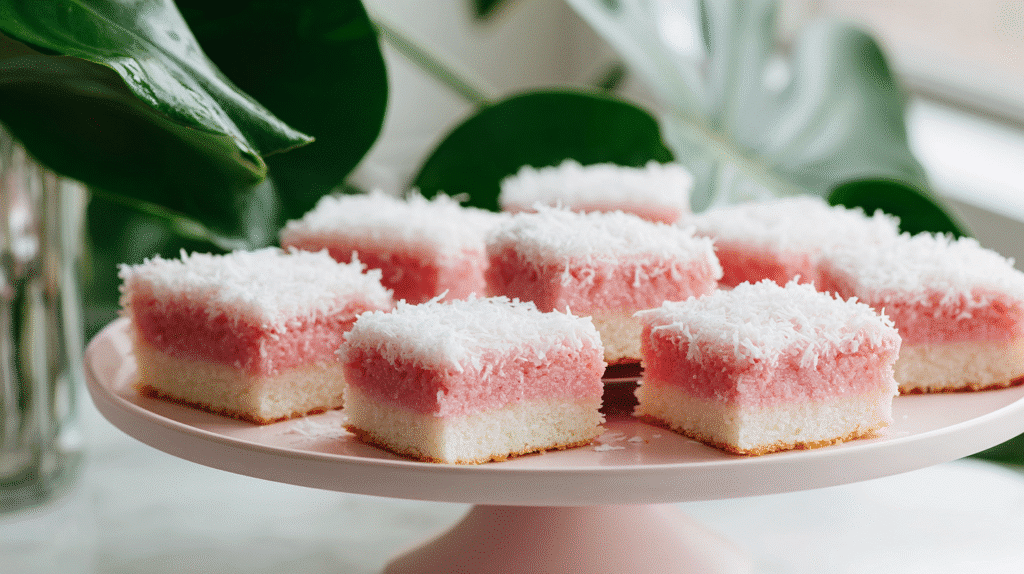 Steps for making pink coconut snowball cake bars