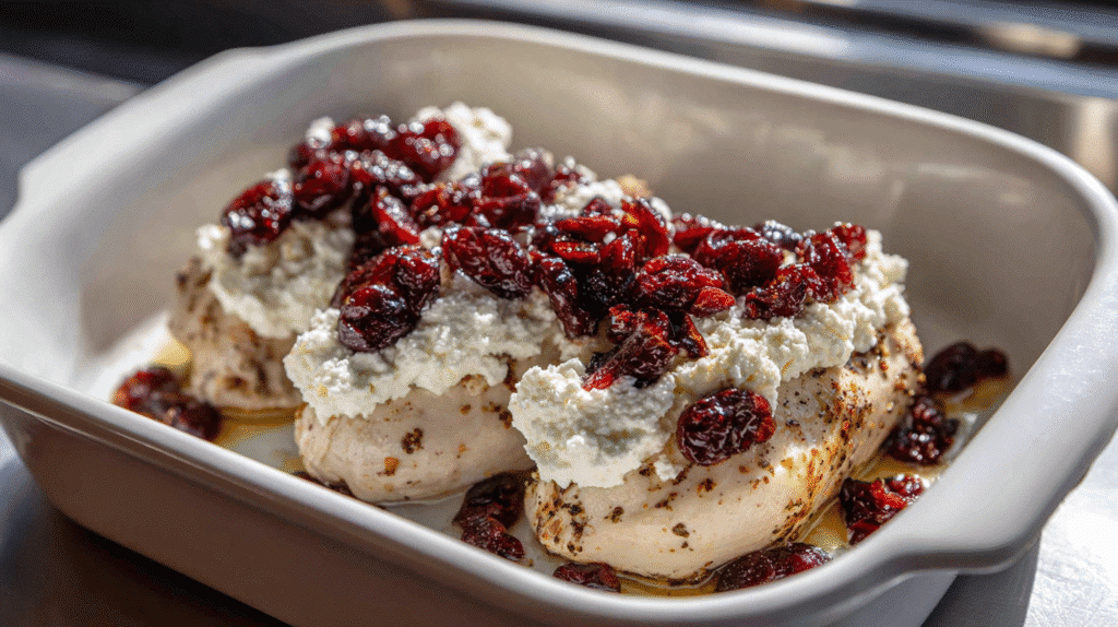 Adding ricotta and cranberries to chicken before baking