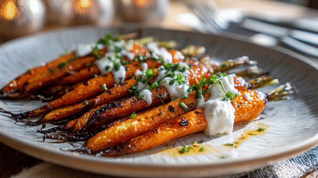 Roasted carrots served over whipped ricotta on a white plate in a home kitchen.