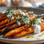 Roasted carrots served over whipped ricotta on a white plate in a home kitchen.