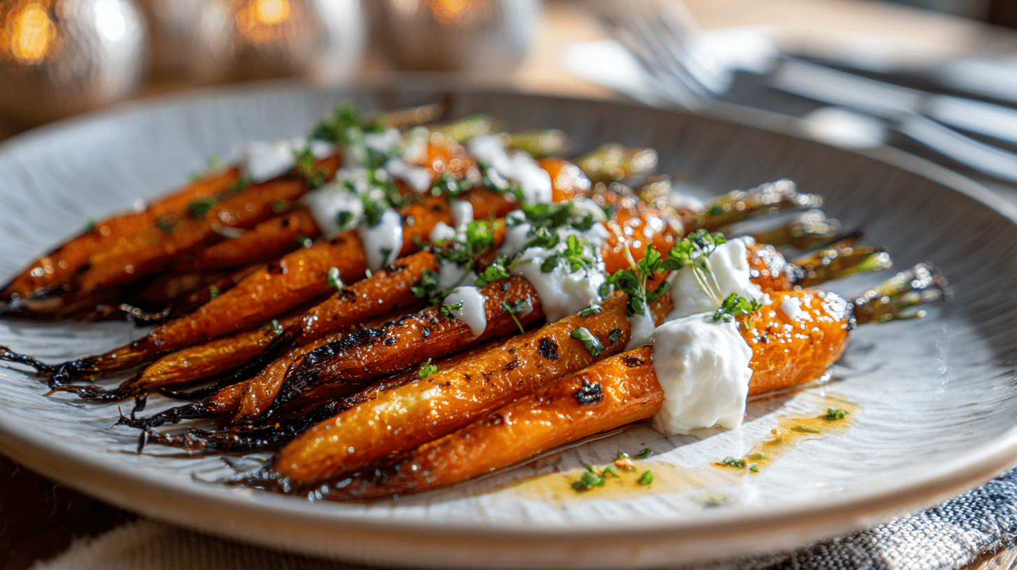 Roasted carrots served over whipped ricotta on a white plate in a home kitchen.