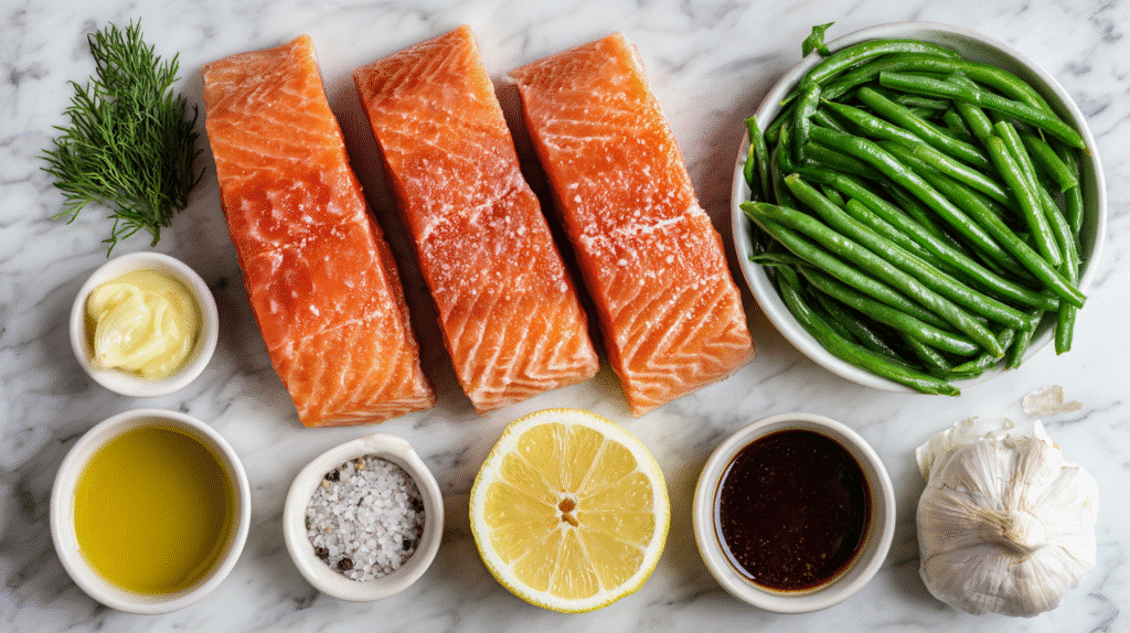 Flat-lay of ingredients for honey mustard salmon and green beans on a white kitchen surface.