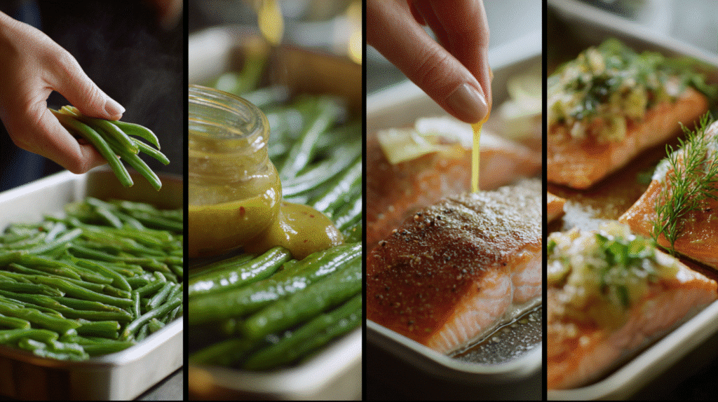 Step-by-step preparation of honey mustard salmon and roasted green beans.