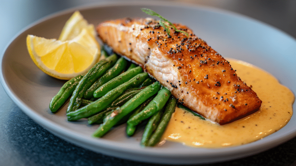 Served honey mustard salmon fillet with roasted green beans and lemon slice.