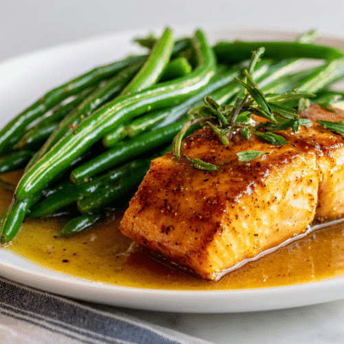 Honey mustard glazed salmon served with roasted green beans on a modern white plate.
