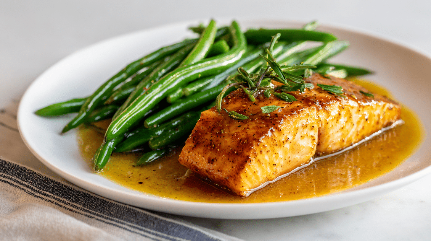 Honey mustard glazed salmon served with roasted green beans on a modern white plate.