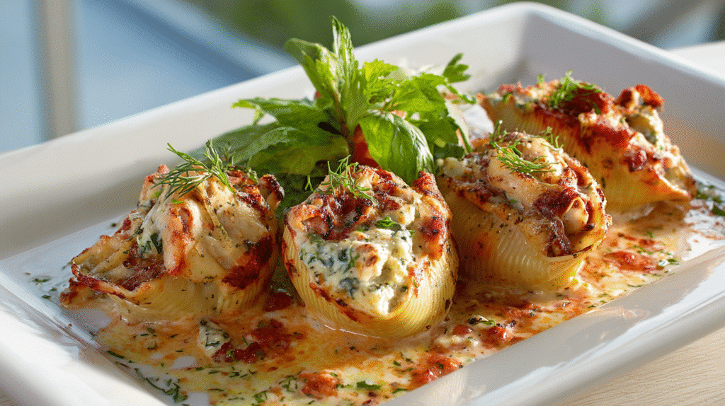 Serving seafood stuffed shells on chicken