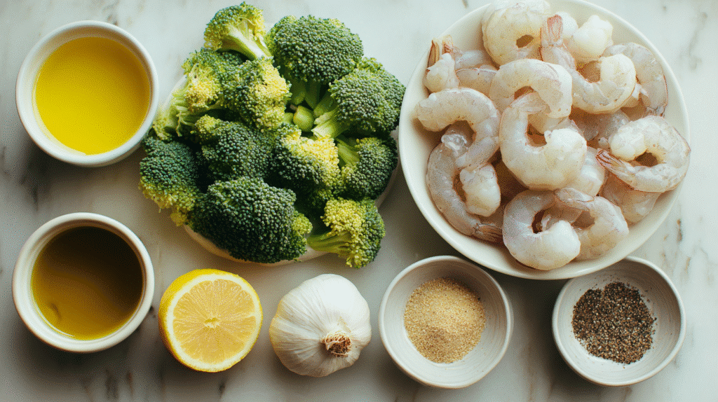Fresh ingredients for garlic shrimp and broccoli laid out on a white surface.