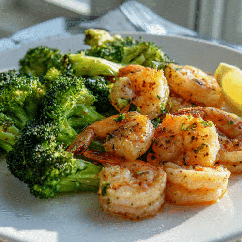 One-pan garlic shrimp and broccoli served in a modern white skillet.