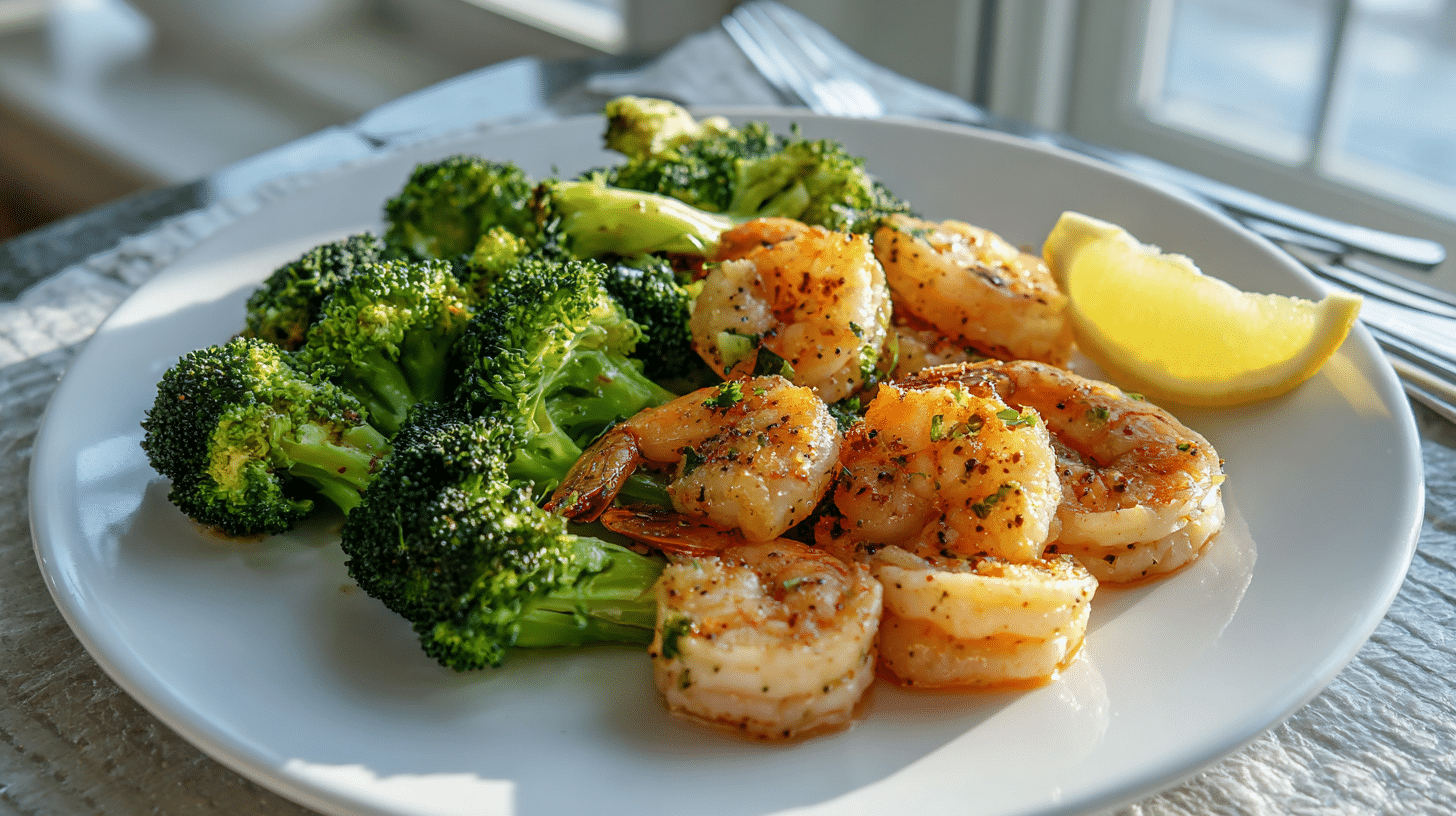One-pan garlic shrimp and broccoli served in a modern white skillet.