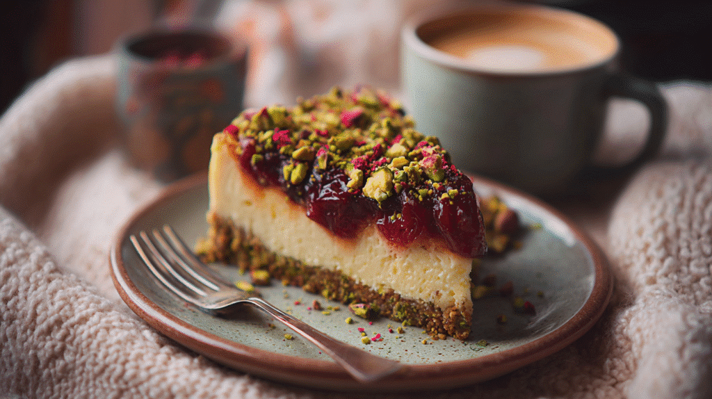 Slice of cherry pistachio cheesecake served on a plate
