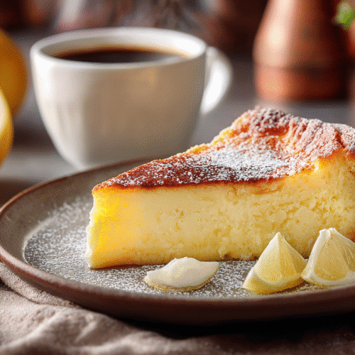 Slice of Italian lemon custard cake served with coffee