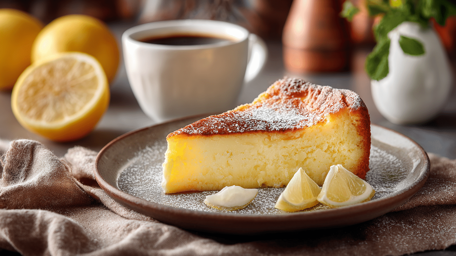 Slice of Italian lemon custard cake served with coffee