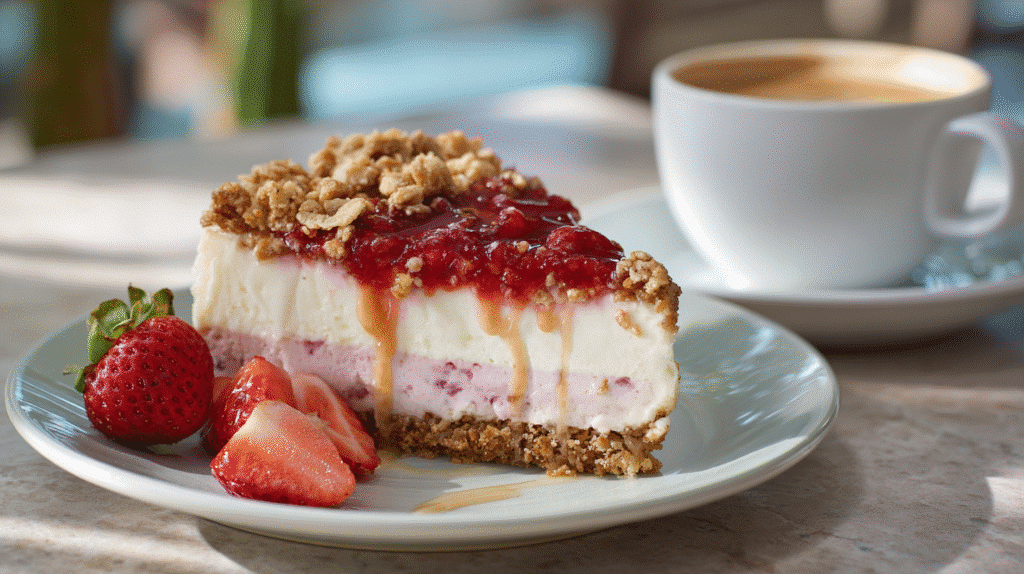 Serving strawberry crunch cheesecake