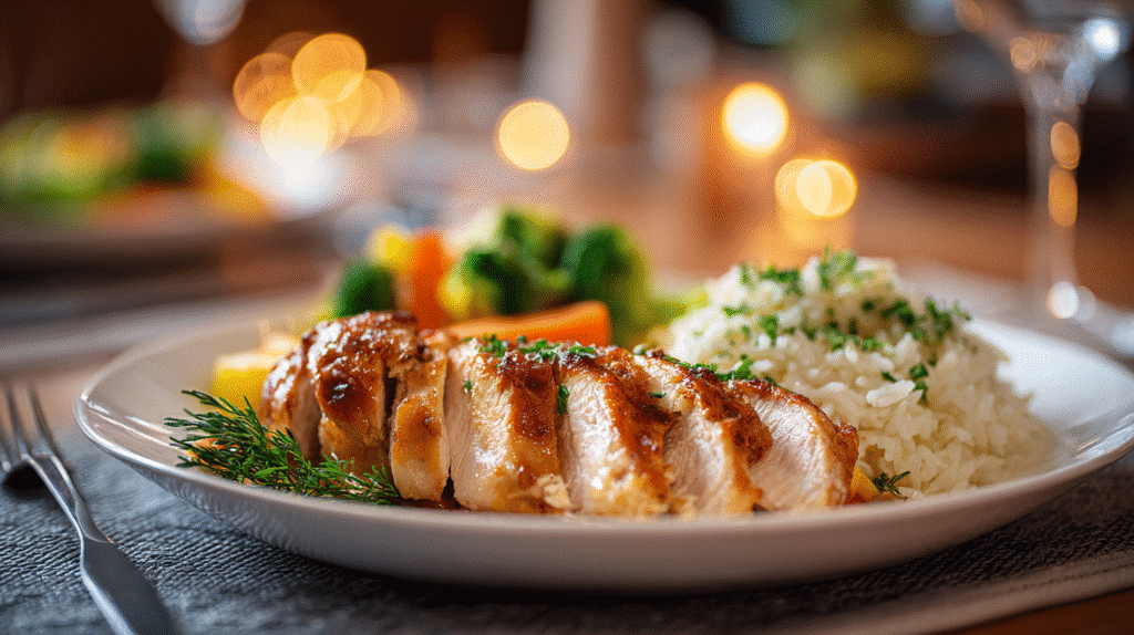 Oven-baked chicken breast served for dinner
