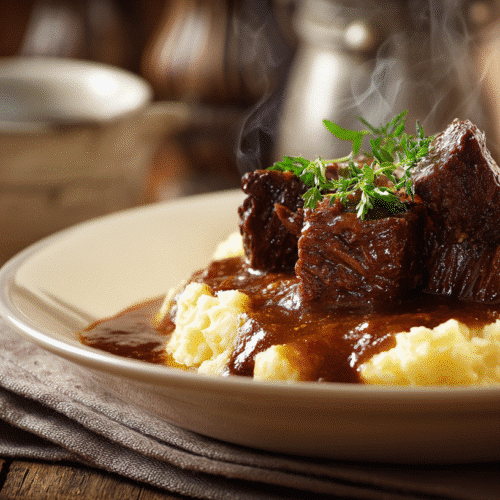 Slow braised beef with cranberry balsamic glaze in a pot
