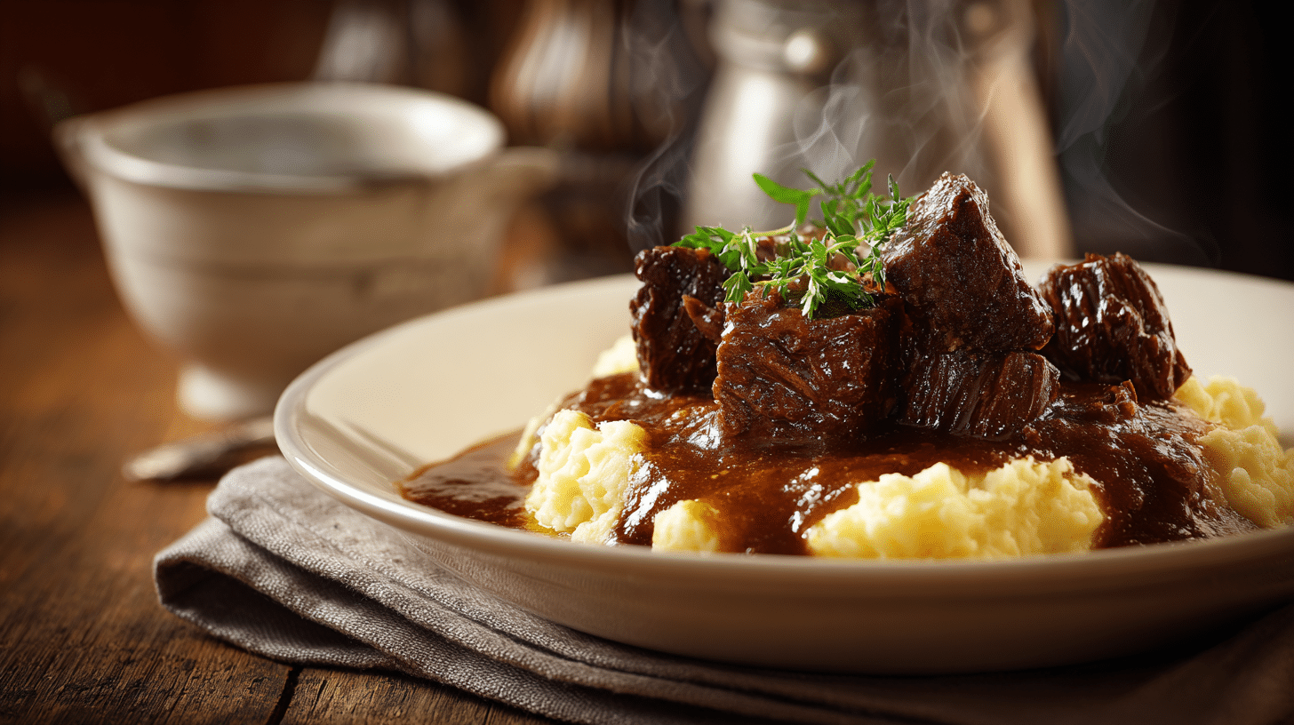 Slow braised beef with cranberry balsamic glaze in a pot