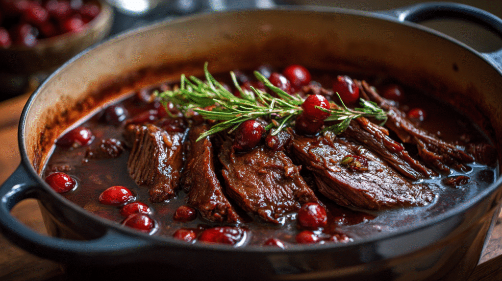 Slow braised beef with cranberry balsamic glaze served for dinner