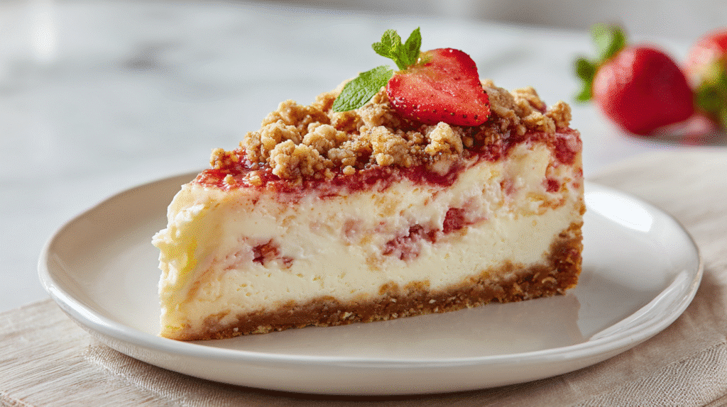 Strawberry crunch cheesecake on a clean plate in a real home kitchen.